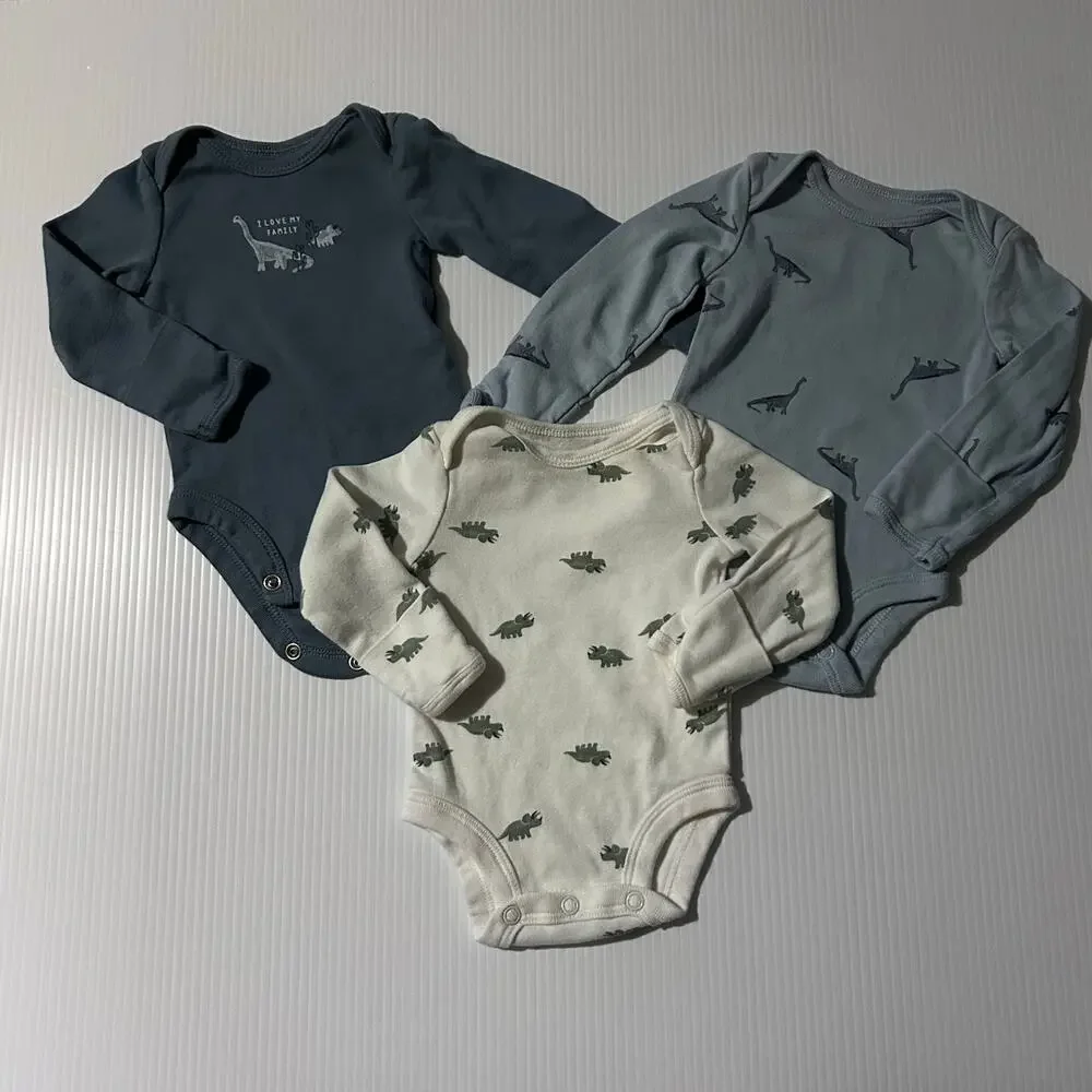 Carters NB Body Suit Lot (3) Long Sleeve Dinosaurs Newborn Blue